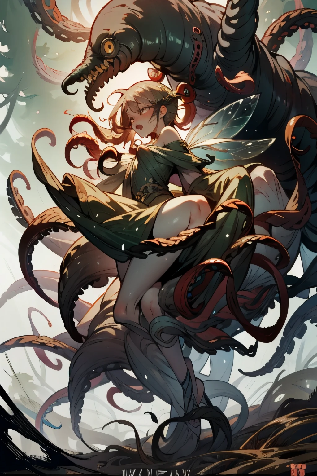((best quality)), ((masterpiece)), (detailed), 1 fairy girl, off-shoulder sweater, a fairy, fairy girl, winged pixie girl, girl fairy, various different types of insect wings, small breasts, NSFW,Covered with tentacles, encoiled by tentacles, Tentacles around the body, many tentacles, captured by tentacles, bound by tentacles, trapped by tentacles, Fine details,Tentacled,Tied with tentacles, roaming tentacles, drooling,Crying,horrified expression, panic, fight for survival, Detailed body,Full limbs,NSFW, being pulled into a flower, wild environment, jungle, terrifying floral environment, horrific nature, predatory flora, fairy catcher, fairy trapper, fairy catcher plant, fairy trapper-plant, fairy catcher flower, fairy trapper-flower inspired by carnivorous plants; a plant occupying the equivelant evolutionary niche as a spider would