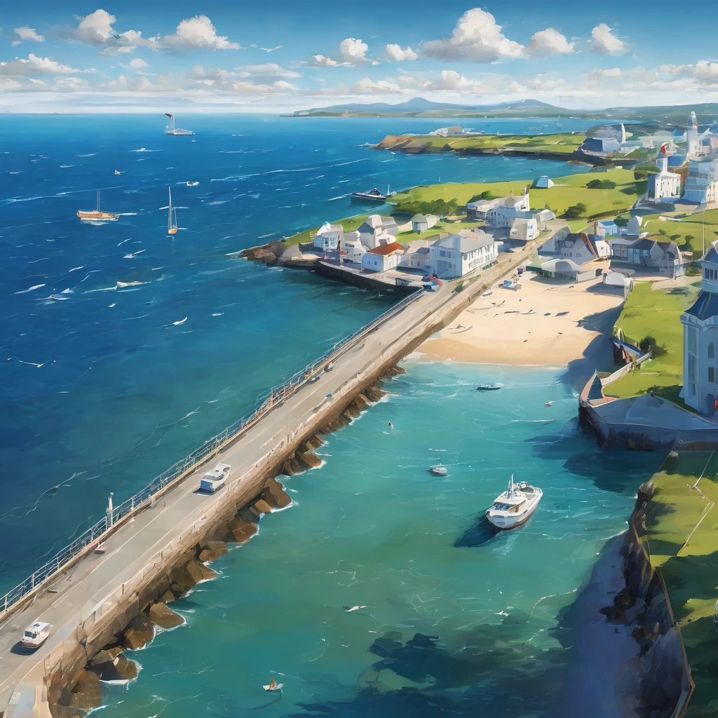 (​masterpiece, top quality: 1.1), bird view, asymmetry, blue ocean, Also, Ozeanwelle, Sea route, Shoreline Road, sandy beach, sleeve, pier, Yacht, boots, Schiffswrack, Schiffswrack, steamer, tourist, lighthouse, seagull , skyline, wind, buzzer, tomorrow, sunny, cloud, quiet, Fresh air, depth of field