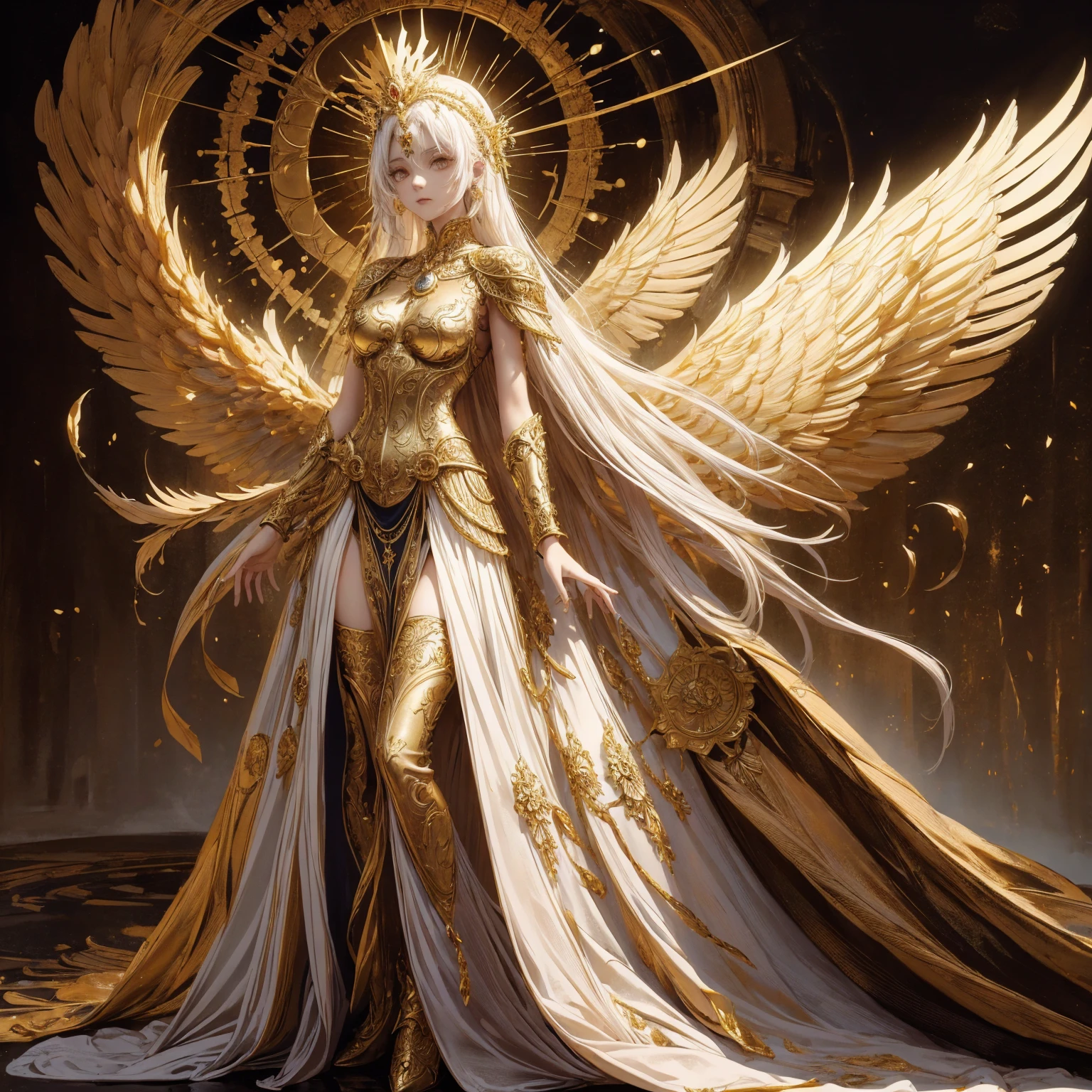 Art of Woman Wearing Sun Crown, Wearing a gorgeous golden breastplate that exposes a small amount of skin above the chest, Wearing a gorgeous golden dress, A pair of giant angel wings taller than the body spread out behind the woman., ancient goddess art, Sacredness. Very detailed, Mysterious inspiration, Inspiration from the Sun God, Religious inspiration, Cold and snobbish face, Dangerous expressions, White hair, Standing, Full body portrait, Gothic art style, Weird art style, Occult art