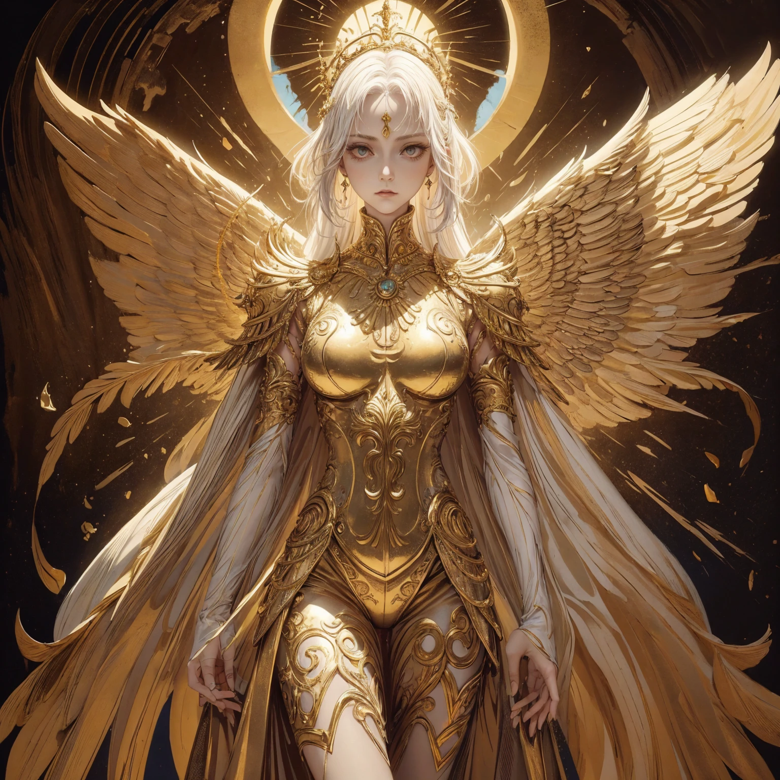Art of Woman Wearing Sun Crown, Wearing a gorgeous golden breastplate that exposes a small amount of skin above the chest, Wearing a gorgeous golden dress, A pair of giant angel wings taller than the body spread out behind the woman., ancient goddess art, Sacredness. Very detailed, Mysterious inspiration, Inspiration from the Sun God, Religious inspiration, Cold and snobbish face, Dangerous expressions, White hair, Standing, Full body portrait, Gothic art style, Weird art style, Occult art