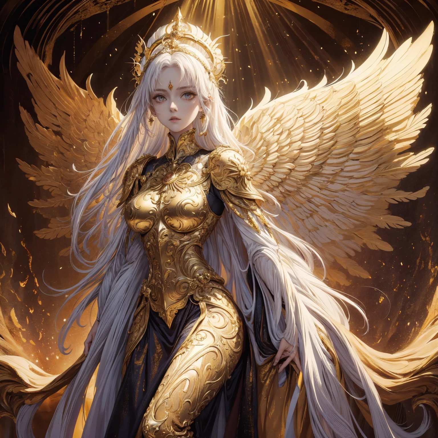 Art of Woman Wearing Sun Crown, Wearing a gorgeous golden breastplate that exposes a small amount of skin above the chest, Wearing a gorgeous golden dress, A pair of giant angel wings taller than the body spread out behind the woman., ancient goddess art, Sacredness. Very detailed, Mysterious inspiration, Inspiration from the Sun God, Religious inspiration, Cold and snobbish face, Dangerous expressions, White hair, Standing, Full body portrait, Gothic art style, Weird art style, Occult art