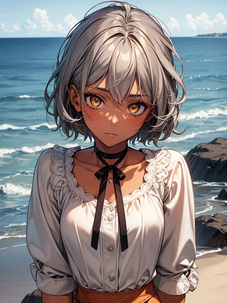 masterpiece, Highest quality, Perfect Face, Highest Resolution, Highest quality,Detailed depiction of the eyes, 1 girl, young, dark tan skin, slate gray hair, short hair, upturned eyes, Yellow Orange eyes, Perfect Anatomy, ribbon choker, Seaside house, 8k