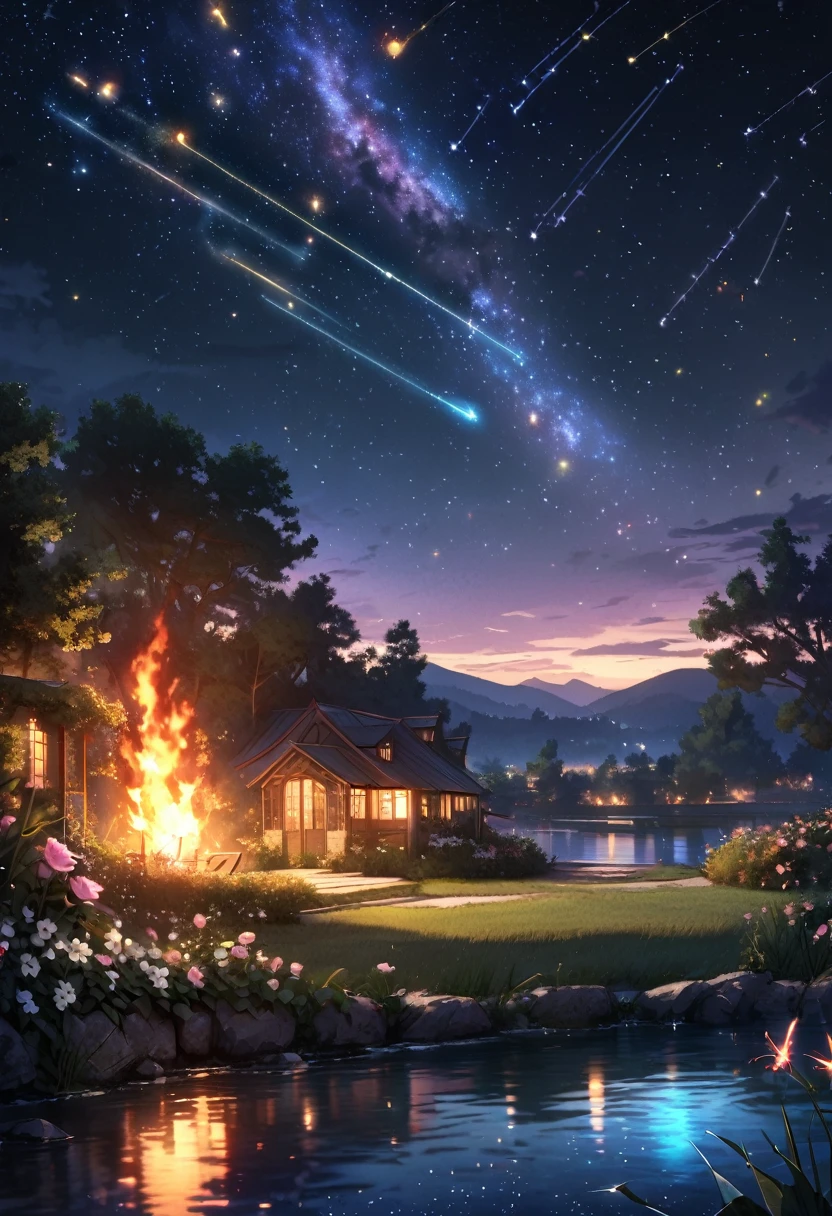 Master Parts, nice, landscape, (((no_Humanos))), night, flower, garden, Starry Sky, constellation, Glasses, amazing, Overlooking, water, warm, comfortable, peaceful, meteor, Cosmic, magic, magic, details, fair, ((fire Fly))