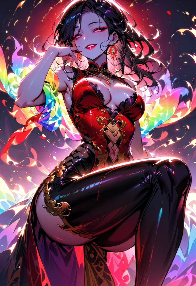 1 mature beautiful woman,(Highest quality,Extremely detailed depiction,Incredibly absurd high resolution,Anatomically accurate depiction,Curvy Legs,Detailed pupil),(Glowing Skin,Shiny skin),(A charming Chinese noble lady),(A complex and elegant Chinese costume,See-through,Intricate embroidery,Strong shiny fabric,Rainbow gradient cape,black tights),eyelash,(Pink Eyes,Crazy Eyes,There is cleavage in the chest,Wicked Smile,Glossy Red Lips,Flashy makeup,Seductive gestures,Half-closed eyes:1.3),Luxury accessories,earrings,necklace,whole body,background:Chinese-style mansion,From below:1.3