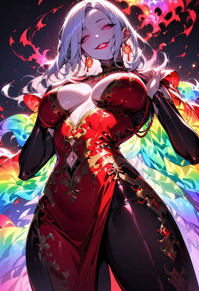 1 mature beautiful woman,(Highest quality,Extremely detailed depiction,Incredibly absurd high resolution,Anatomically accurate depiction,Curvy Legs,Detailed pupil),(Glowing Skin,Shiny skin),(A charming Chinese noble lady),(The intricately constructed costume of a Chinese goddess,See-through,Intricate embroidery,Shiny fabric,Rainbow gradient sleeves,black tights),eyelash,(Pink Eyes,Crazy Eyes,There is cleavage in the chest,Wicked Smile,Glossy Red Lips,Flashy makeup,Seductive gestures,Half-closed eyes:1.3),Luxury accessories,earrings,necklace,whole body,background:Chinese-style mansion,From below:1.3
