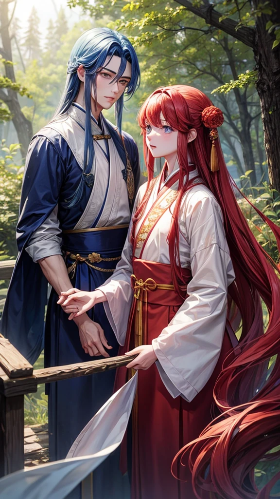 2 young men, without a beard, long blue hair, long red hair, blue eyes, Red eyes, White skin, Blue clothes, red clothes, China, Hanfu, In the woods