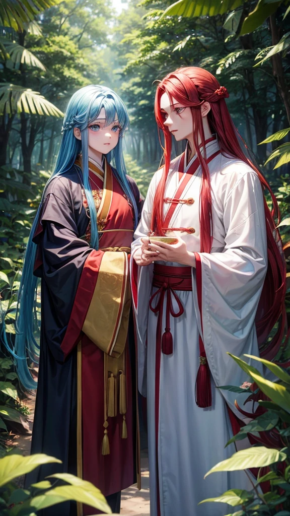 2 young men, without a beard, long blue hair, long red hair, blue eyes, Red eyes, White skin, Blue clothes, red clothes, China, Hanfu, In the woods