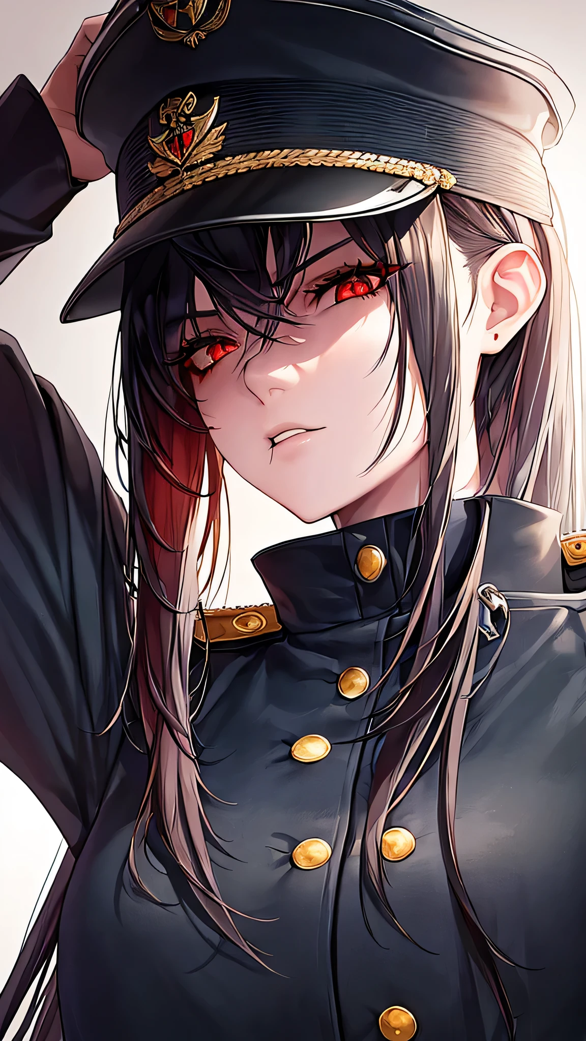 1girl, 18 years old girl, military uniform, military cap, detailed red eyes, long black hair, cigarette in mouth, cigarette smoke,post-apocalyptic background, best quality, 8k, highres, masterpiece, gothic, cinematic lighting, photorealistic, photo-realistic, ultra-detailed, sharp focus, vivid colors, extremely detailed eyes and face, detailed portrait, beautiful detailed lips, longeyelashes, dramatic pose, sharp focus, highly detailed, moody atmosphere, gritty, dystopian, cinematic,angle from below