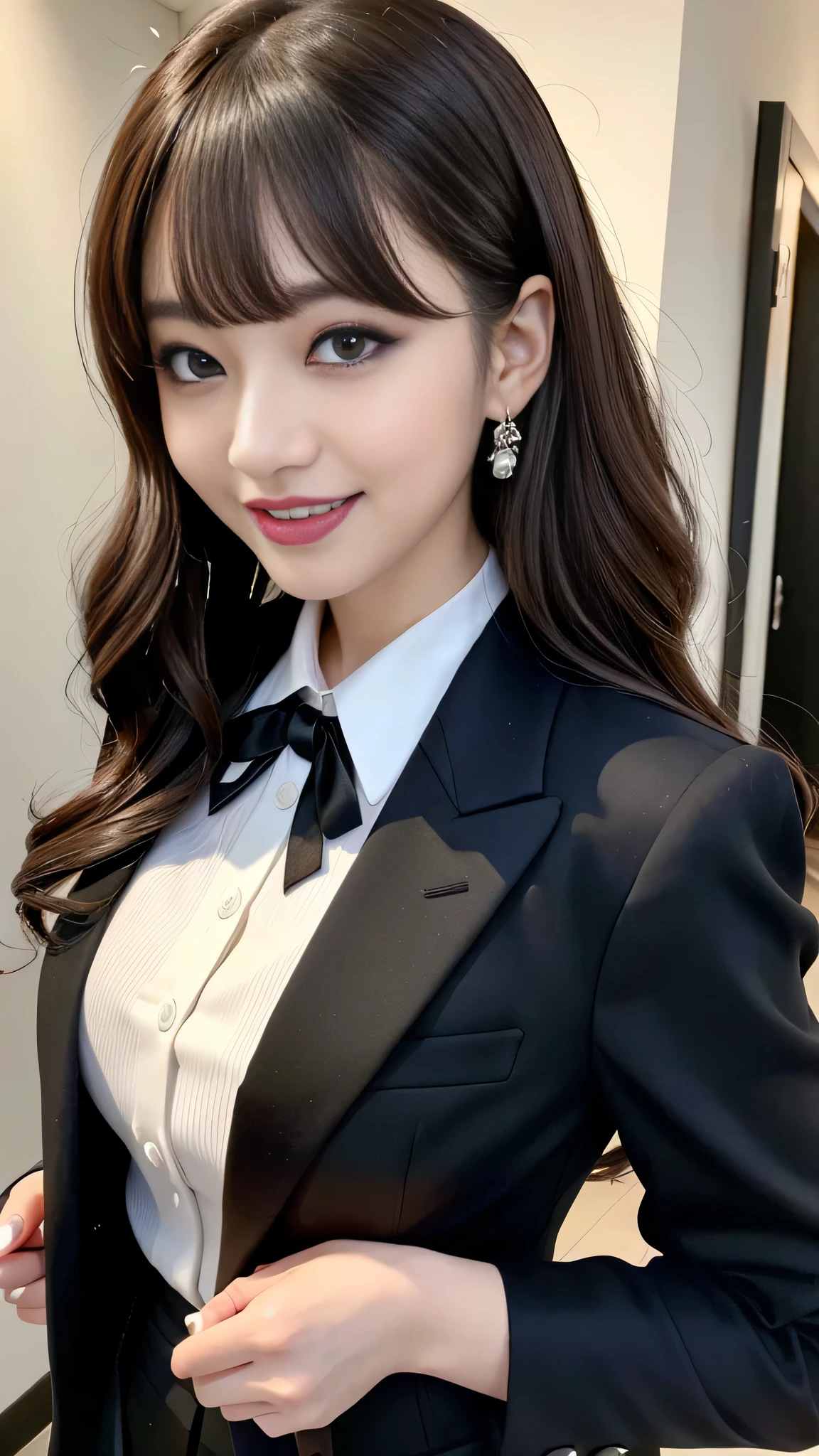 best quality、ultra-detailed、4K、Japanese、Seductive beauty、seductive adult woman、Pretty Woman、cool girl、Villainess、Brainwashed、brainwash、Fallen into evil、smirk、Evil look、Wicked Smile、evil、Brown hair、wavy hair、swept bangs、dark makeup、dark makeup、piercing eyes、歯を見せて笑う、耳にピアス、purple Eyeshadow、black lipstick、black lipglos、suit、Jacket、Black Ribbon、Frilled blouse、flare skirt、smile、Beautiful teeth alignment、