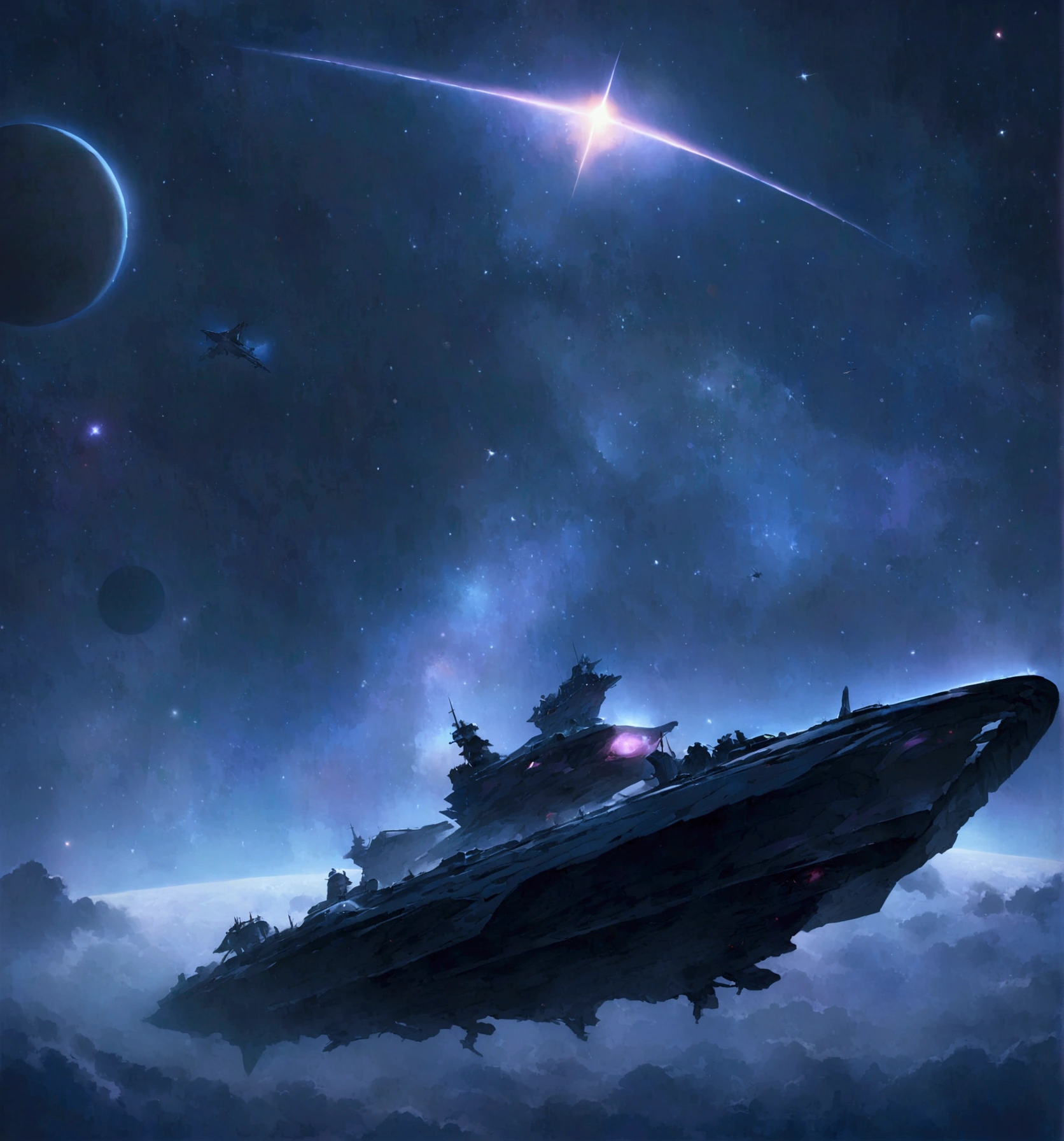 universe space、Observing the giant planets from the moon&#39;s surface、Dark Universe、A faint star shining in the distance、 A large space battleship flying in the distance