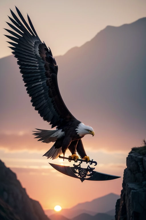 I want a tattoo style image of an eagle holding a sword descending from mountains with a late afternoon sunset