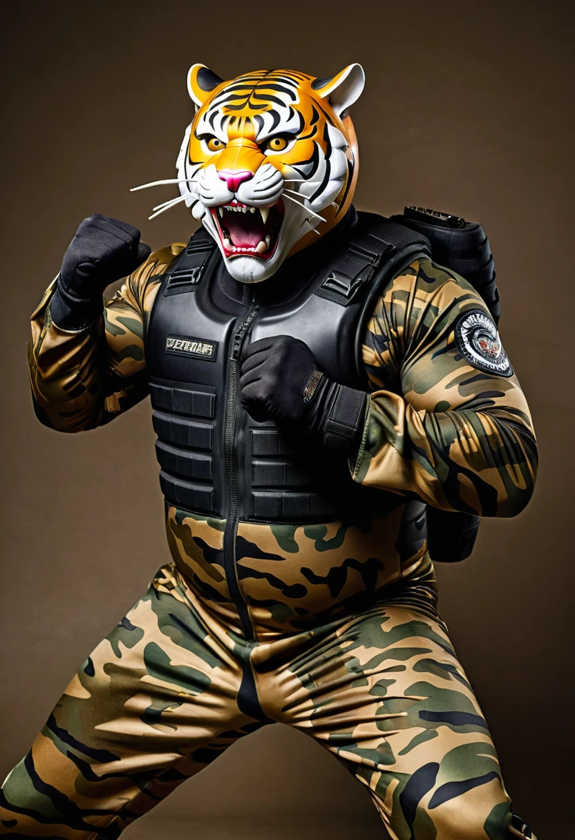 (a dark-skinned fat muscular old man in a bulky camouflage zipper diver suit) shooting with a gun and (wearing roaring tiger mask that show the wearer eyes), muscular, imposing stature, Basuki Abdullah, sumatraism, action, a character portrait, heroic, fierce, snarling, raising fist, best quality