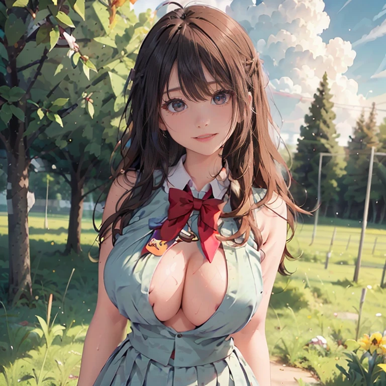 ((((highest quality)))), (((Ultra-precision CG 16K))), (((masterpiece))), (((Very detailed))), (((Extremely detailed))), (((Black outline:1.3, Written boundary depth:1.3 , Written soft outline))), Maximum clarity and sharpness,Multilayer Texture, Surface Shading, Cinematic lighting, Beautiful details sparkle ,Perfect Proportions, Limited to three woman, BREAK accurate, Anatomically correct, Highly detailed face and skin texture, drawn in detail, Highly detailed facial and skin texture, Detailed eyes, beautiful hair, Beautiful Japanese Idol face, Beautiful and beautiful eyes, Beautiful body, Beautiful breasts, Beautiful thighs, Beautiful legs, Beautiful fingers, (Beautiful views) , skinny body, ((Beautiful Skin)), ((Skin Texture)) BREAK breast enlarged, medium Breasts, rocket breasts, (((perky breasts))), (covered nipples), slender waist, (smiling , narrow eyes, blush, determined expression, hot, sweaty , Heavy breathing,) BREAK (((wearing oversized character printed sexy top, wearing outfit in casual way, wearing pleats mini-skirt, breasts is covered by outfit))) , wearing earrings, BREAK ( stick breast out),(((looking at viewer, super detailed background , cumulonimbus of summer sky, high school student standing quietly and put hands in the pocket at vivid green Vast grasslands , from random angles ))),