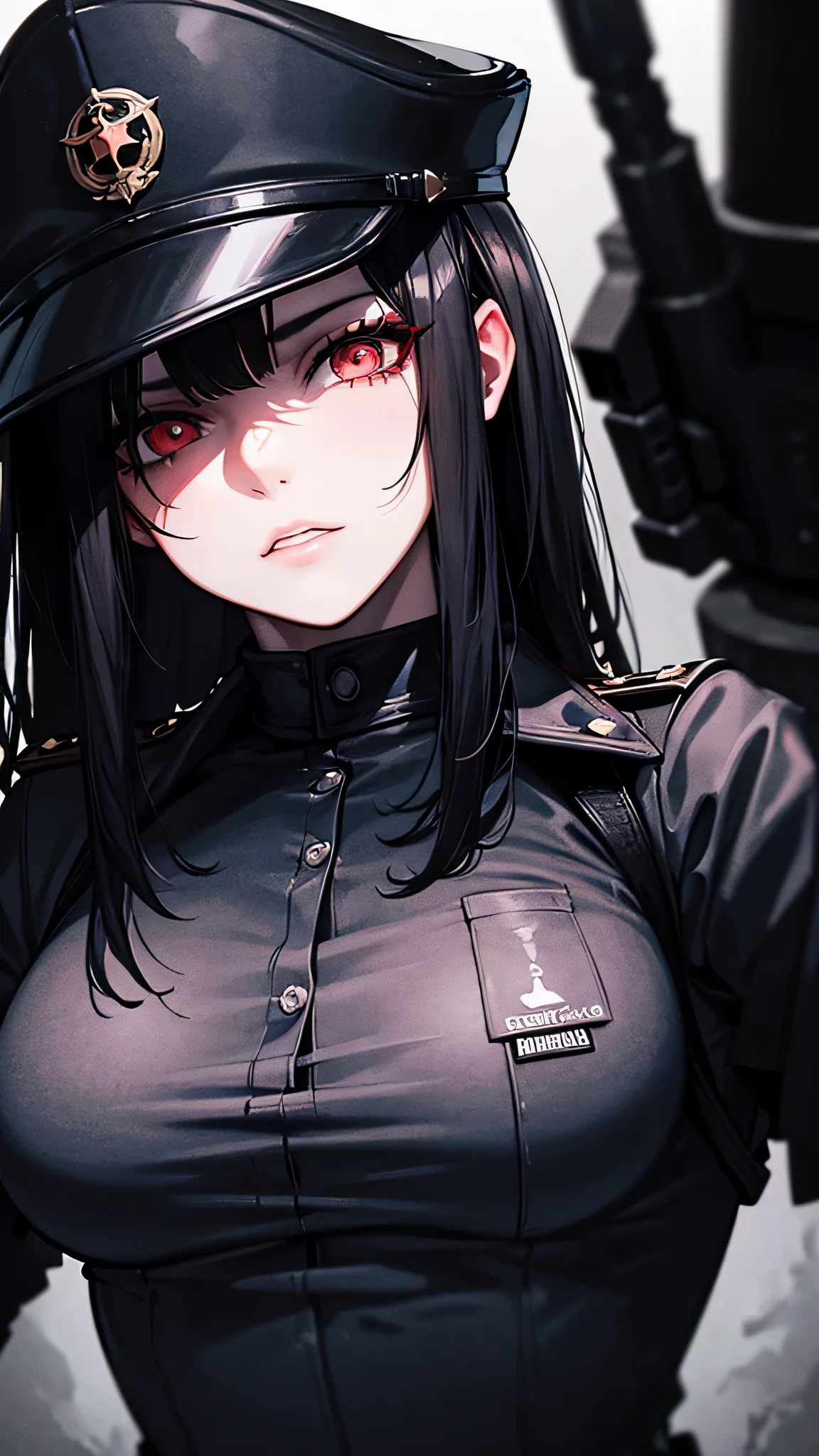 1girl, 18 years old girl, military uniform, military cap, detailed red eyes, long black hair, cigarette in mouth, cigarette smoke,post-apocalyptic background, best quality, 8k, highres, masterpiece, gothic, cinematic lighting, photorealistic, photo-realistic, ultra-detailed, sharp focus, vivid colors, extremely detailed eyes and face, detailed portrait, beautiful detailed lips, longeyelashes, dramatic pose, sharp focus, highly detailed, moody atmosphere, gritty, dystopian, cinematic,angle from below
