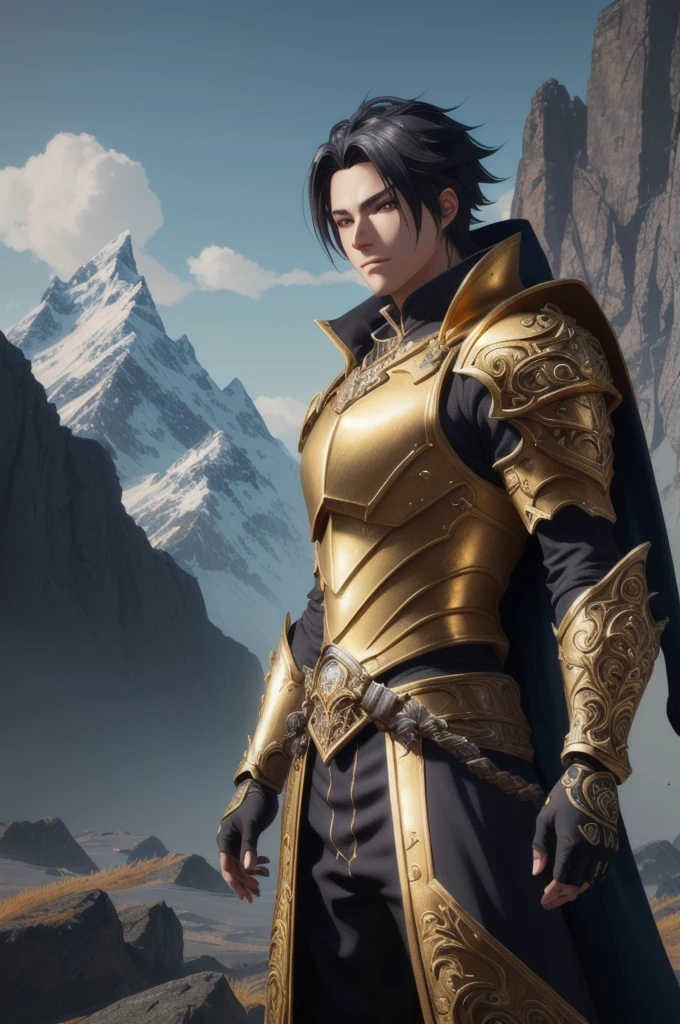 a close up of a man in a gold armor standing in front of a mountain, unreal engine render + a god, ultra detailed game art, intricate ornate anime cgi style, 8k high quality detailed art, detailed digital anime art, fantasy style 8 k octane render, 2. 5 d cgi anime fantasy artwork, 3 d render character art 8 k, hyperdetailed fantasy character