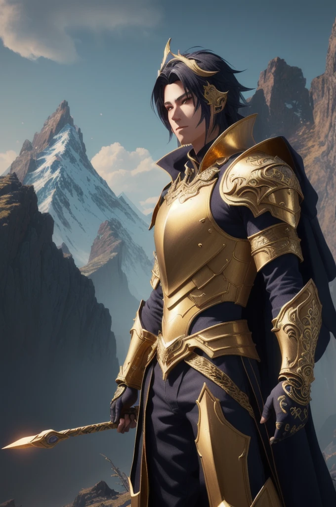 a close up of a man in a gold armor standing in front of a mountain, unreal engine render + a god, ultra detailed game art, intricate ornate anime cgi style, 8k high quality detailed art, detailed digital anime art, fantasy style 8 k octane render, 2. 5 d cgi anime fantasy artwork, 3 d render character art 8 k, hyperdetailed fantasy character