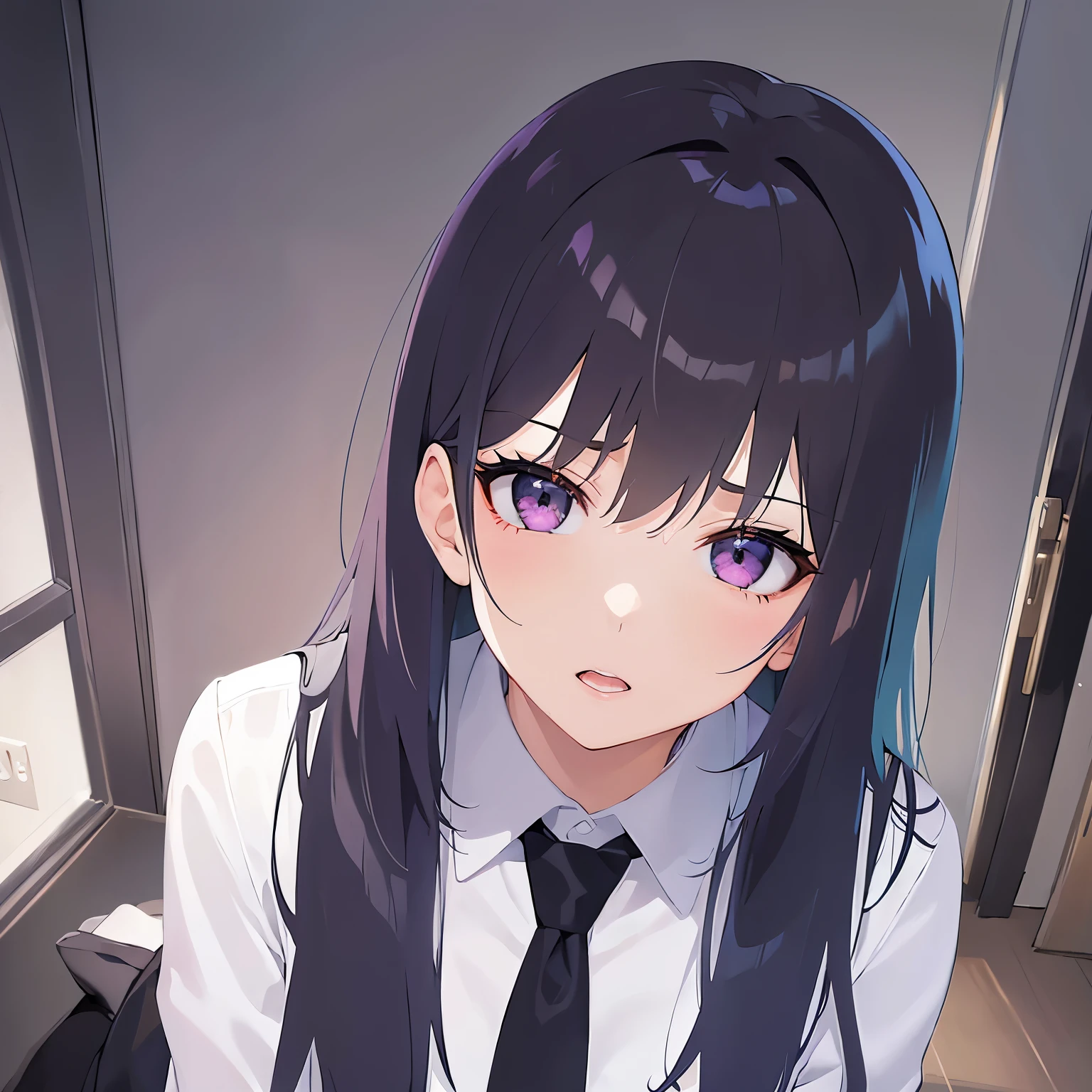 (looking at viewer:1.5),Shooting from above、head tilit,
Realistic, real person, (pale skin: 1.2), RAW photo, photorealistic, shiny skin, shiny hair、
(A 25-year-old woman with straight hair and bangs) and (medium hair) and (black hair) and (purple eyes) ,
(Wearing a business suit) and (Wearing a white collared shirt)、
blush,tearful,open mouth,The background is a night city