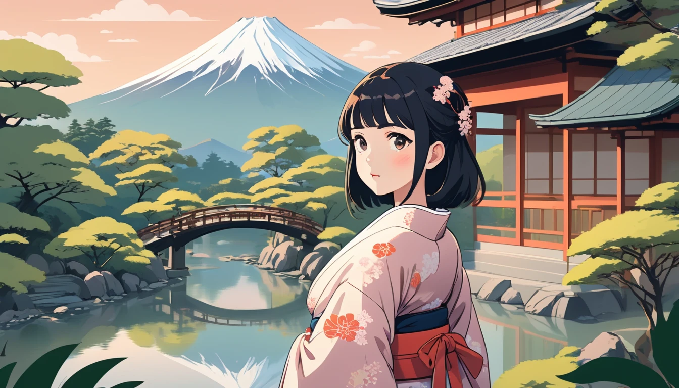 Woman in kimono,Japanese Gardens、Fuji Mountain、 Wide-angle lens, Lofi Anime, Lofi illustration, Aesthetic atmosphere, Lo-Fi Style, Vector art, Flat Design, Simple shape, Warm tones, Pleasant atmosphere, Chill, In anime style, Digital drawing, Vector art, Vector logo for t-shirt printing, (Adorable:1.5), (small:1.4), (Playful:1.2), (soft:1.3), (Whimsical:1.1), masterpiece, Highest quality, 8k, Intricate details, grow, Celestial, Mysterious, Picturesque, amazing, Majestic, Magic, Fantasy art, Cover art, dream-like