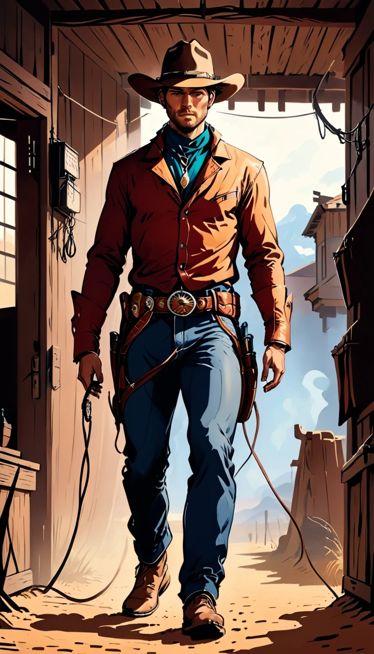 Western cowboy, holding lasso in hand,  8k, photorealistic, dramatic cinematic lighting, chiaroscuro lighting, dynamic pose, line art, flat colors, full body shot, panoramic view to immersive background of wild west big ranch on the prairie