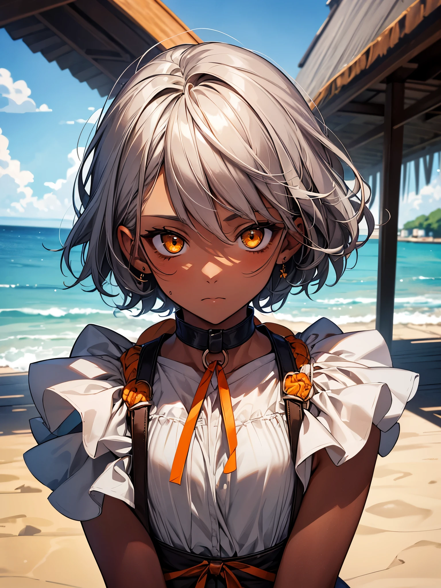 masterpiece, Highest quality, Perfect Face, Highest Resolution, Highest quality,Detailed depiction of the eyes, 1 girl, young, dark tan skin, slate gray hair, short hair, upturned eyes, Yellow Orange eyes, Perfect Anatomy, ribbon choker, Seaside house, 8k