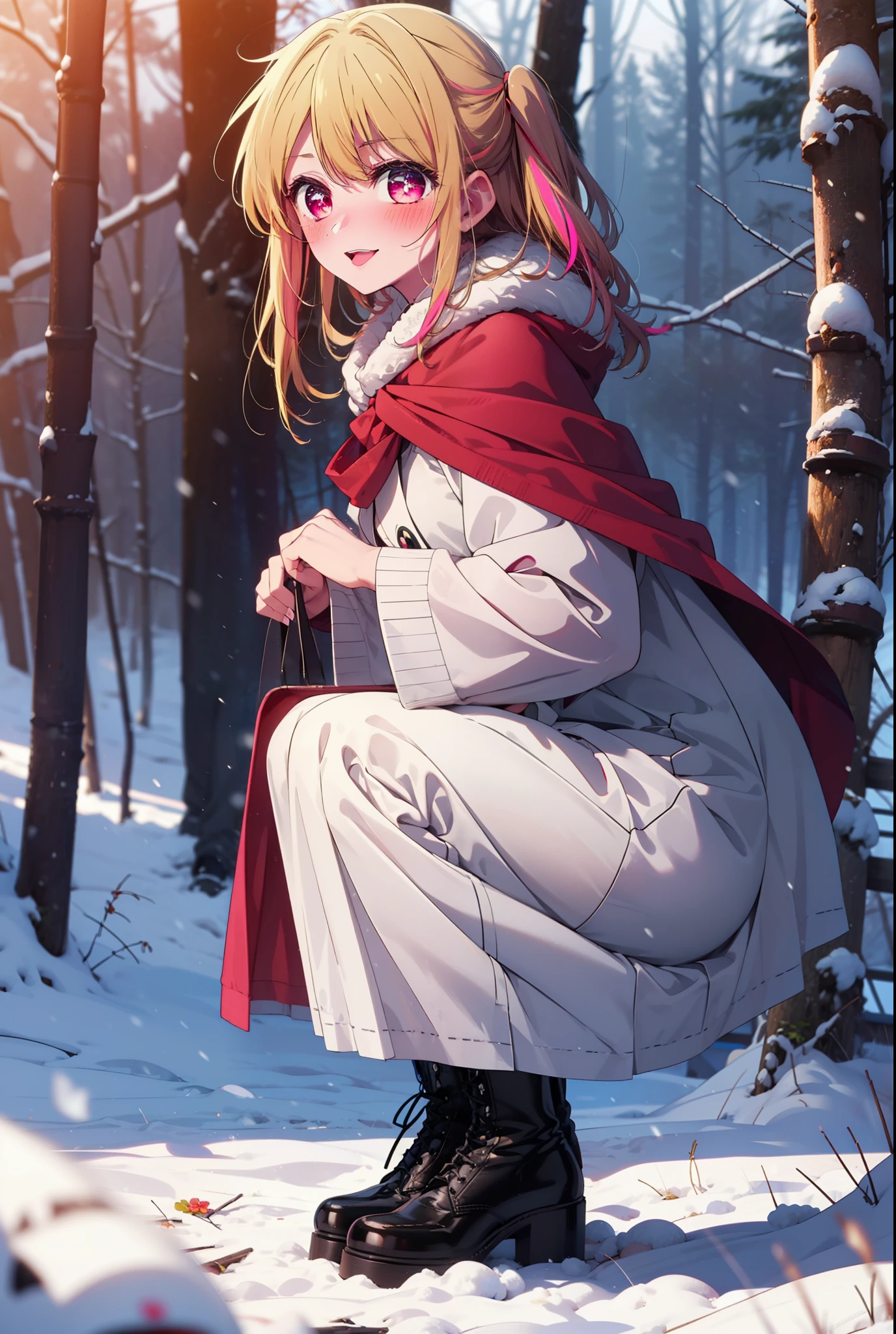rubyhoshino, Hoshino Ruby, Long Hair, bangs, blonde, (Pink Eyes:1.3), Side Lock, (Symbol-shaped pupil:1.5), Multicolored Hair, Two-tone hair, smile,,smile,blush,white breath,
Open your mouth,snow,Ground bonfire, Outdoor, boots, snowing, From the side, wood, suitcase, Cape, Blurred, , forest, White handbag, nature, Squat, Mouth closed, Cape, winter, Written boundary depth, Black shoes, red Cape break looking at viewer, Upper Body, whole body, break Outdoor, forest, nature, break (masterpiece:1.2), Highest quality, High resolution, unity 8k wallpaper, (shape:0.8), (Beautiful and beautiful eyes:1.6), Highly detailed face, Perfect lighting, Highly detailed CG, (Perfect hands, Perfect Anatomy),