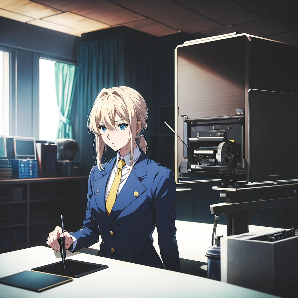 masterpiece, best quality, detailed,Super high quality0,perfect ???????,beautiful light and shadow, ,Beautiful white skin ,blond hair,blue eyes,disheveled hair,slim,adult,woman in her late 30s ,1woman,Violet Evergarden,
,Various poses,serious expression0,various hairstyles,from various directions,
anime style high quality 8k digital painting,sitting on a chair next to a computer, wearing a womans suit, Wear a suit casually, no tie, office setting in a cubicle, white lighting, working hard, masterpiece quality,
