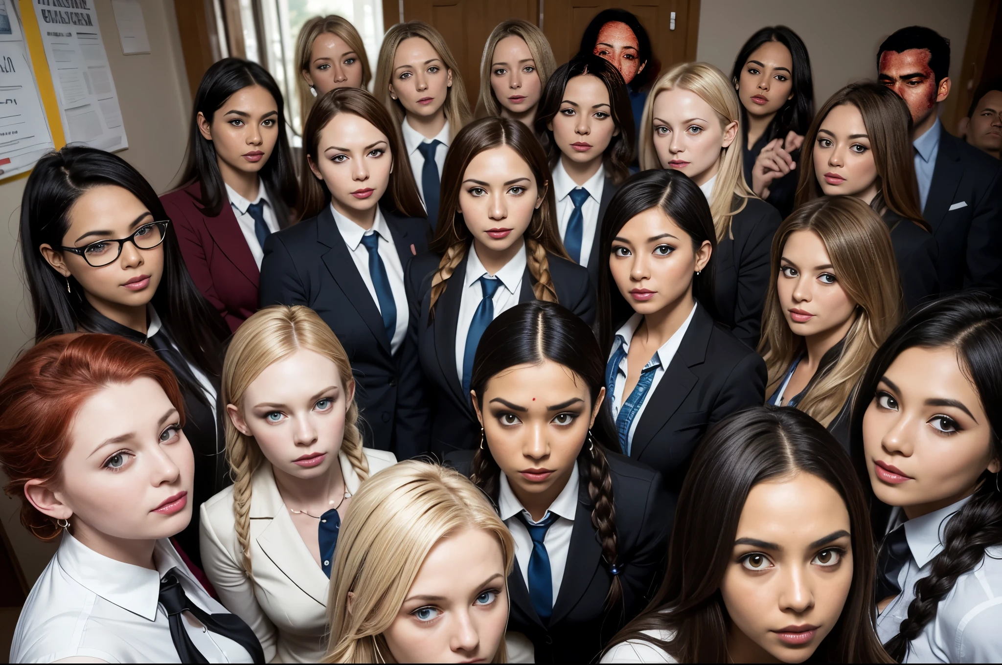 (best quality), (masterpiece:1.2), wide angle photo, full body photo, group photo, 5 women schoolwomen, 56 years old, faces marked by age, guilty faces, skin imperfections, acne, chapped lips, sad wistfully, diverse ethicities: ebony, black, white, nordic, indian, diverse hair colors: redhead, blonde, afro, twin braids, heavy freckles, pale skin, makeup, earings, crowded classroom, morning, school, crowd of people, school uniforms, unbottoned blue shirts, tight shirt, alluring pose, black stockings, open jacket, sexy neckline, large neckline, 16k, photorealistic, real photo, nikon d800, (YES SFW)