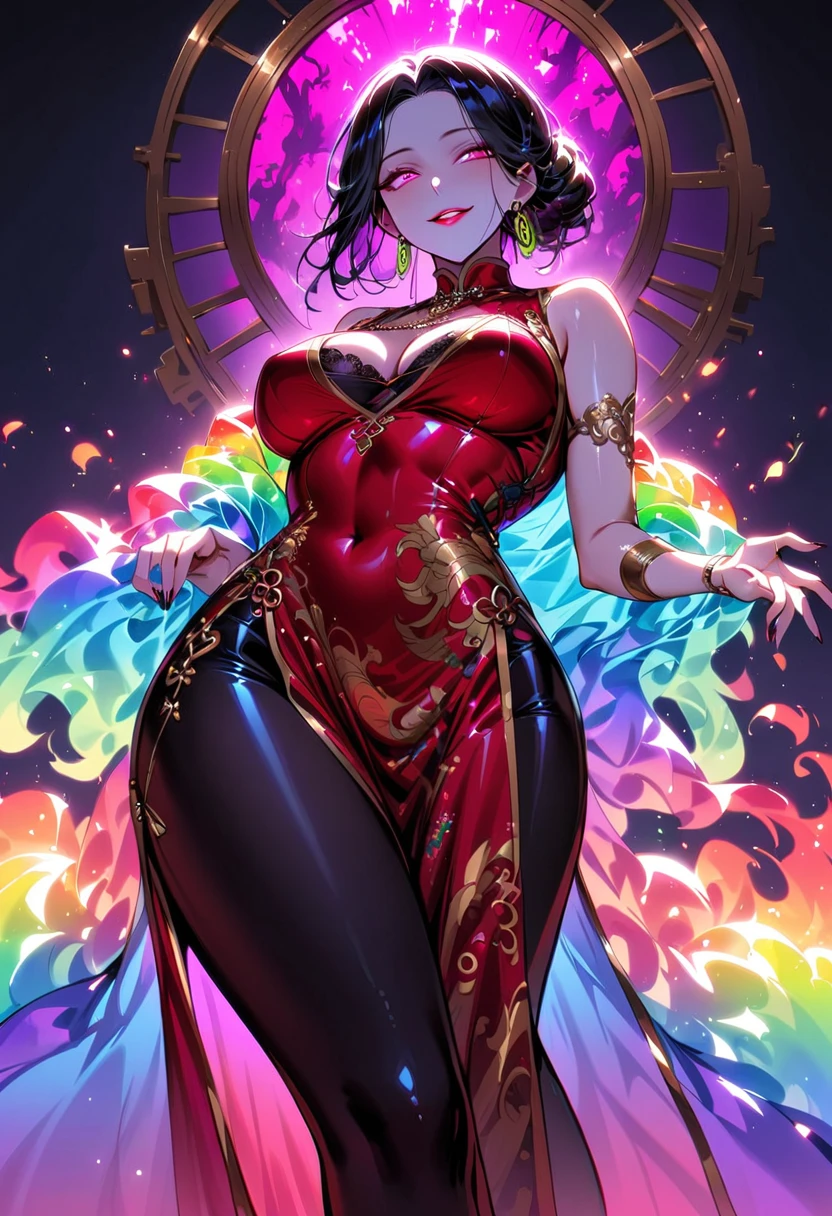 1 mature beautiful woman,(Highest quality,Extremely detailed depiction,Incredibly absurd high resolution,Anatomically accurate depiction,Curvy Legs,Detailed pupil),(Glowing Skin,Shiny skin),(A charming Chinese noble lady),(A complex and elegant Chinese costume,See-through,Intricate embroidery,Strong shiny fabric,Rainbow gradient cape,black tights),eyelash,(Pink Eyes,Crazy Eyes,There is cleavage in the chest,Wicked Smile,Glossy Red Lips,Flashy makeup,Seductive gestures,Half-closed eyes:1.1),Luxury accessories,earrings,necklace,whole body,background:Chinese-style mansion,From below:1.3