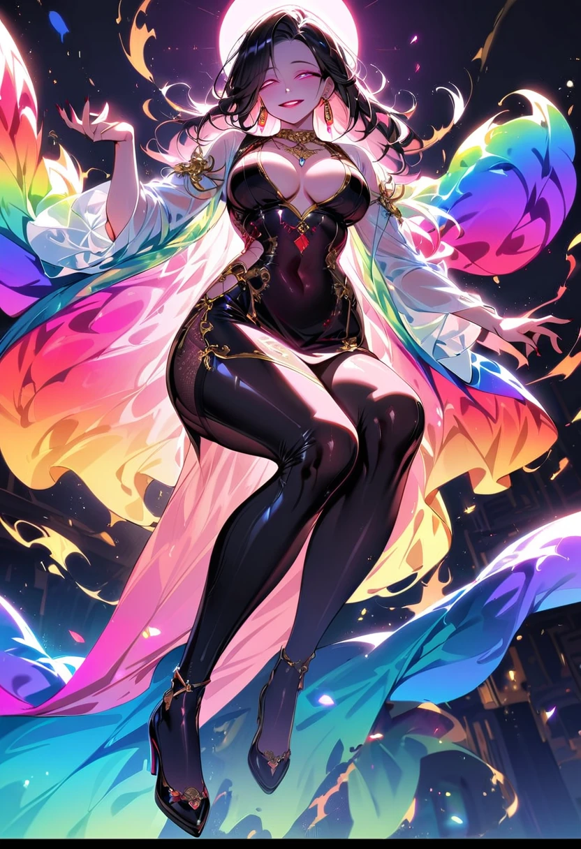 1 mature beautiful woman,(Highest quality,Extremely detailed depiction,Incredibly absurd high resolution,Anatomically accurate depiction,Curvy Legs,Detailed pupil),(Glowing Skin,Shiny skin),(A charming Chinese noble lady),(The intricately constructed costume of a Chinese goddess,See-through,Intricate embroidery,Shiny fabric,Rainbow gradient sleeves,black tights),eyelash,(Pink Eyes,Crazy Eyes,There is cleavage in the chest,Wicked Smile,Glossy Red Lips,Flashy makeup,Seductive gestures,Half-closed eyes:1.3),Luxury accessories,earrings,necklace,whole body,background:Chinese-style mansion,From below:1.3