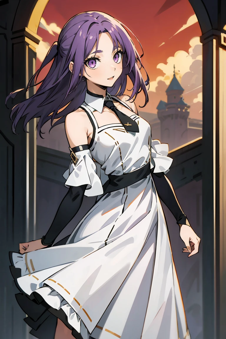 (masterpiece:1.2), (high quality:1.2), reo mikage, blue lock, girls with((1girl, solo, purple hair, (medium hair, right swept bangs, one side up:1.55), bare shoulder, blush, breasts, choker, cleavage, cowboy shot, collar, collarbone, rosary, cross, white clothes, blouse, white dress, sleeveless, collared shirt and cheongsam, necktie, slit, (black sleeves, arm wears, elbow armwarmers, metamorphosis is exposed, princess dress, long dress, frilled panniers:1.2), (open dress:1.34), leggings, boots, sandals, bare legs)), background with((fantasy world, ruin, castle, beautiful sky, shining sky, sunshine:1.35))