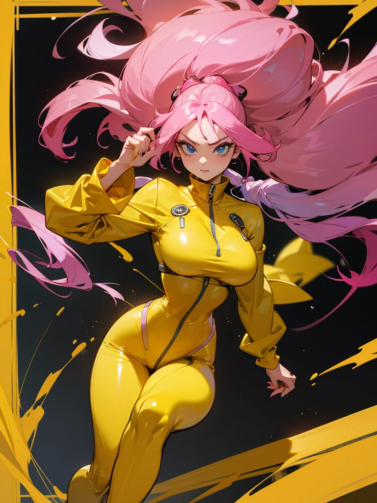 Mulher madura fugindo de um robô, big pink hair, shining blue eyes, wearing a mustard yellow jumpsuit, big breasts, 35 years old, running away, eye on the spectator, look at the camera, posing for a fight intricate, dark skulls background, punhos fechados