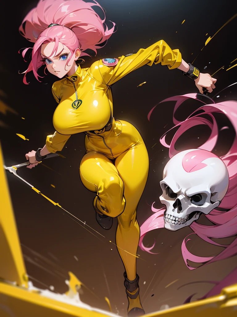 Mulher madura fugindo de um robô,  big pink hair, shining blue eyes, wearing a mustard yellow jumpsuit, big breasts, 35 years old, running away, eye on the spectator, look at the camera, posing for a fight intricate, dark skulls background, punhos fechados