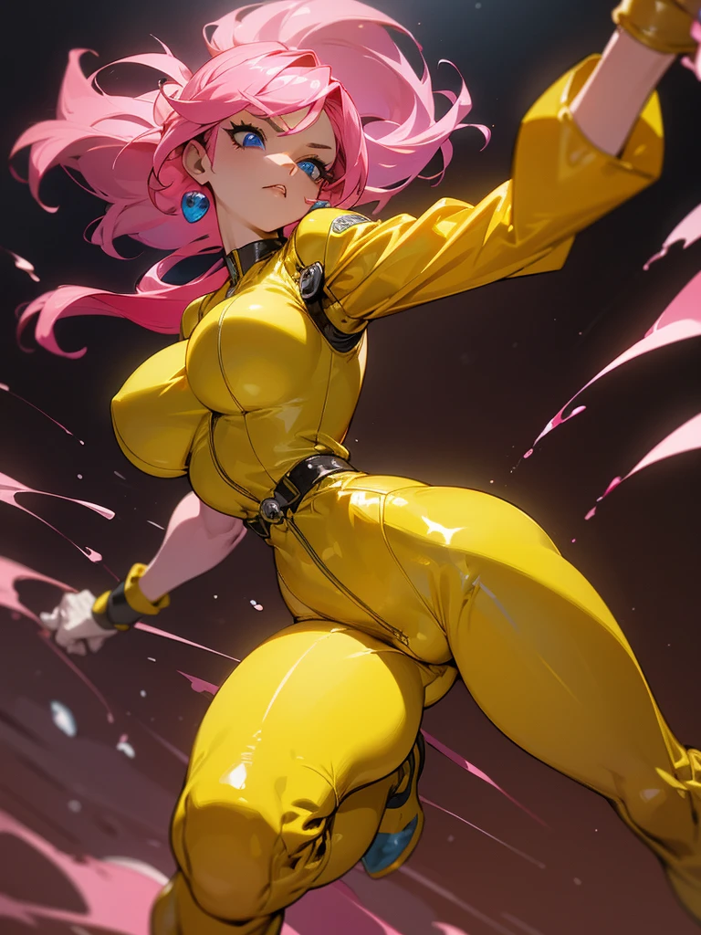 Mulher madura fugindo de um robô,  big pink hair, shining blue eyes, wearing a mustard yellow jumpsuit, big breasts, 35 years old, running away, eye on the spectator, look at the camera, posing for a fight intricate, dark skulls background, punhos fechados