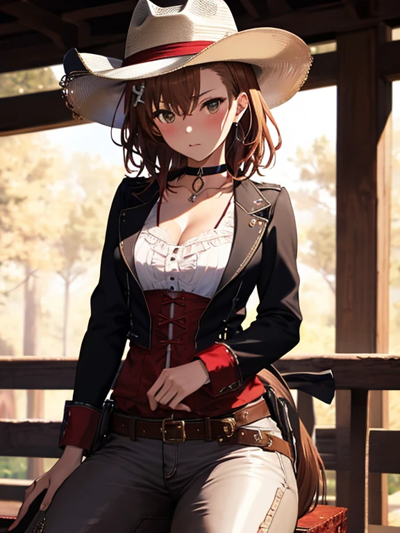 Ten-gallon hat, Straddling a horse, Western Cowboy, Misaka Mikoto, 1girl, black choker, uhd, retina, masterpiece, ccurate, anatomically correct, textured skin, super detail, high details, high quality, best quality, highres, 4K