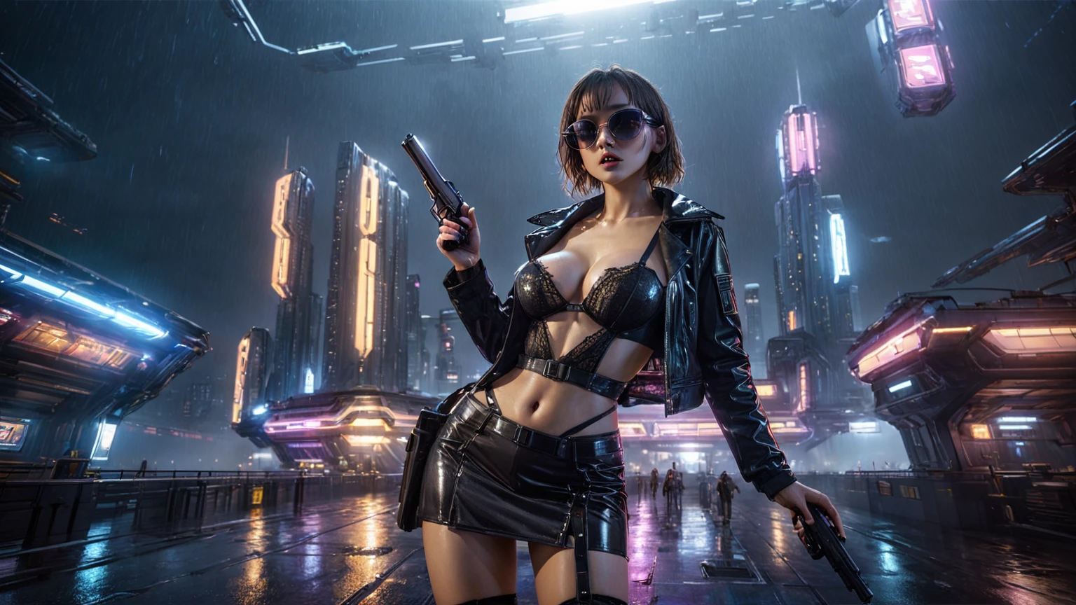 (((aerial view))), Blade Runner style futuristic space station platform, flying cars, neon lights, rainy night. (1girl, solo, alone), large-breast:1.2 slim body, cleavage:1.1, sexy laced lingerie, low angle view miniskirt, jacket, (black sunglasses), (((she raised a pistol:1.8 and shot the viewer))), dynamic pose, (((half-body thigh level medium shot))), cinematic lighting, lens flare, ray tracing.