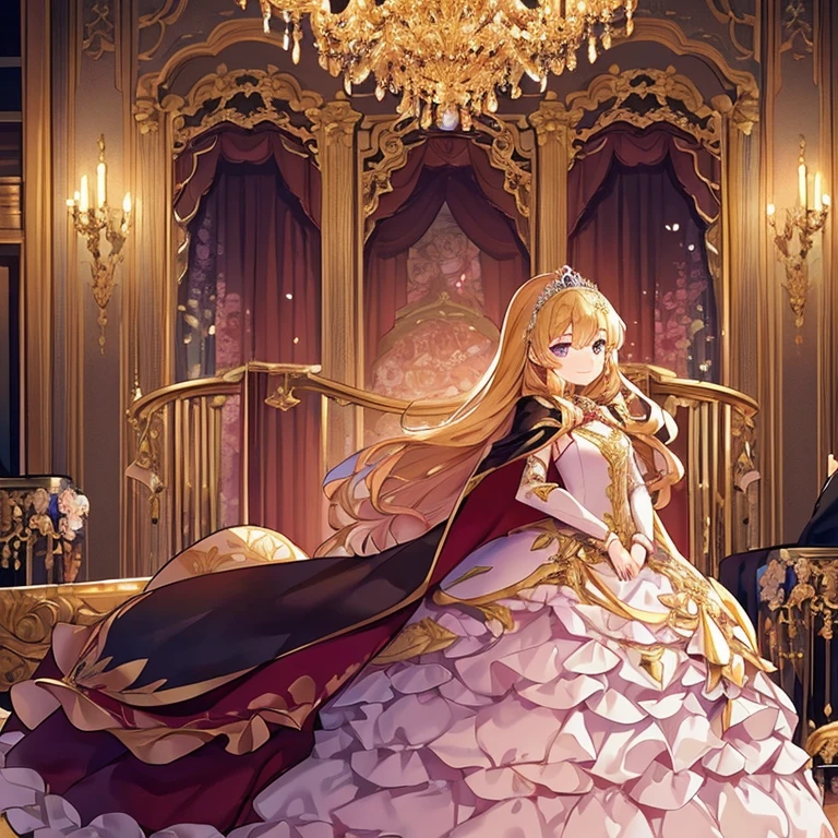 best quality,(long train cape:1.15),(long train ball gown with floral decoration:1.15), a girl is wearing a cape over her dress, anime style, rococo style, little princess, tiara, kind smile, very long hair, small breast, perfect fingers, masterpiece