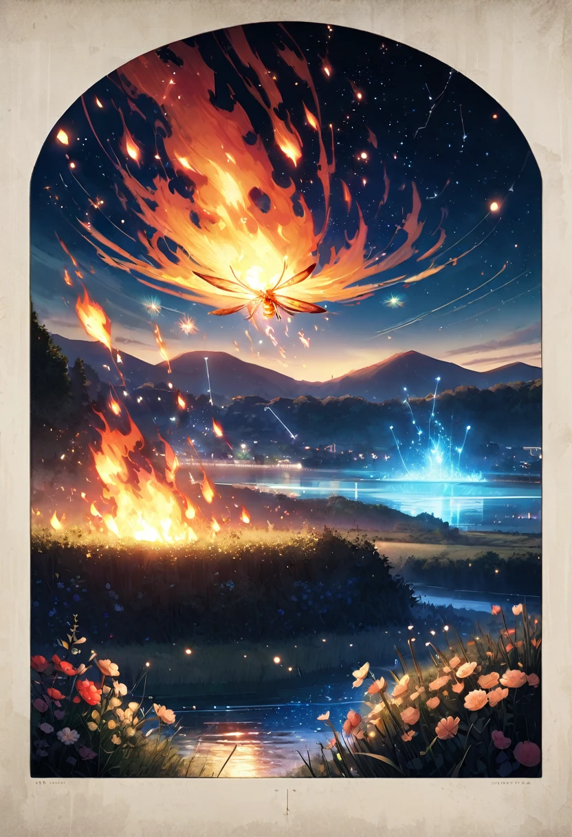 Master Parts, nice, landscape, (((no_Humanos))), night, flower, garden, Starry Sky, constellation, Glasses, amazing, Overlooking, water, warm, comfortable, peaceful, meteor, Cosmic, magic, magic, details, fair, ((fire Fly))