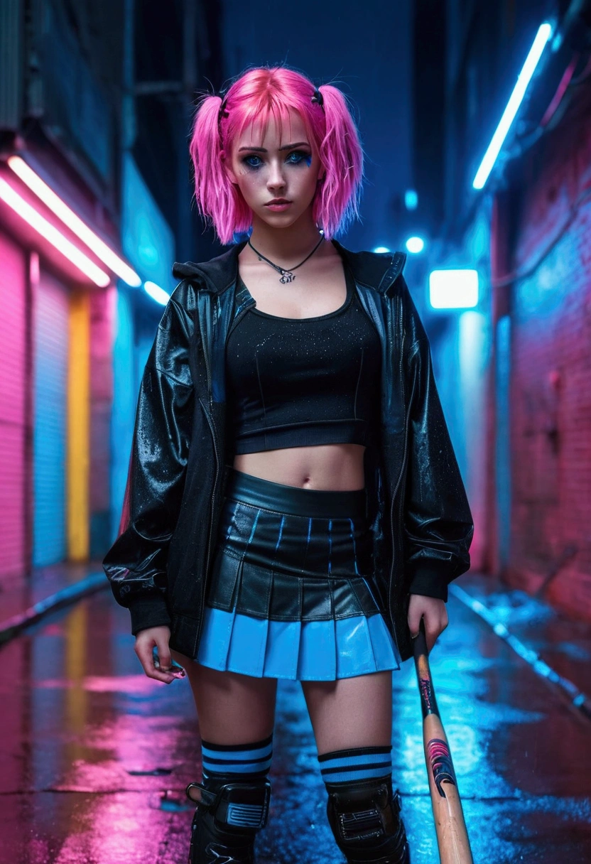 A full view portrait of a Pretty girl with pink hair and blue eyes with achne on her chics wearing cyberpunk outfit and a short ((black skirt)) with blue lines on it standing at a alley with neon lights at ((rainy night)) in the cyber modern city holding one baseball bat with one hand and holding it towards the viewer