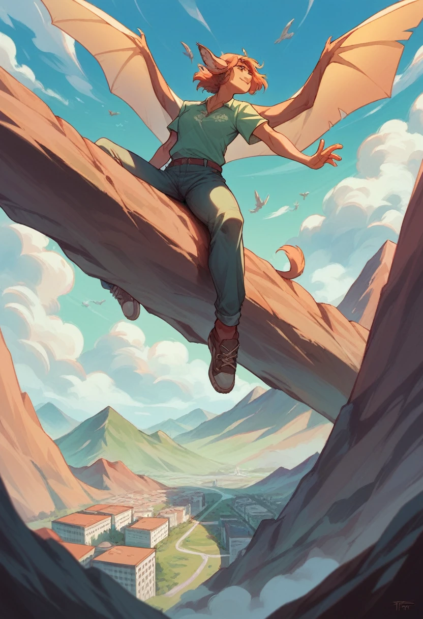 Triptych, a city on a mountain, a city below, the cities are feuding, hypogryphs are flying around the mountain, the area is very green, and there is a girl sitting on the edge of the mountain