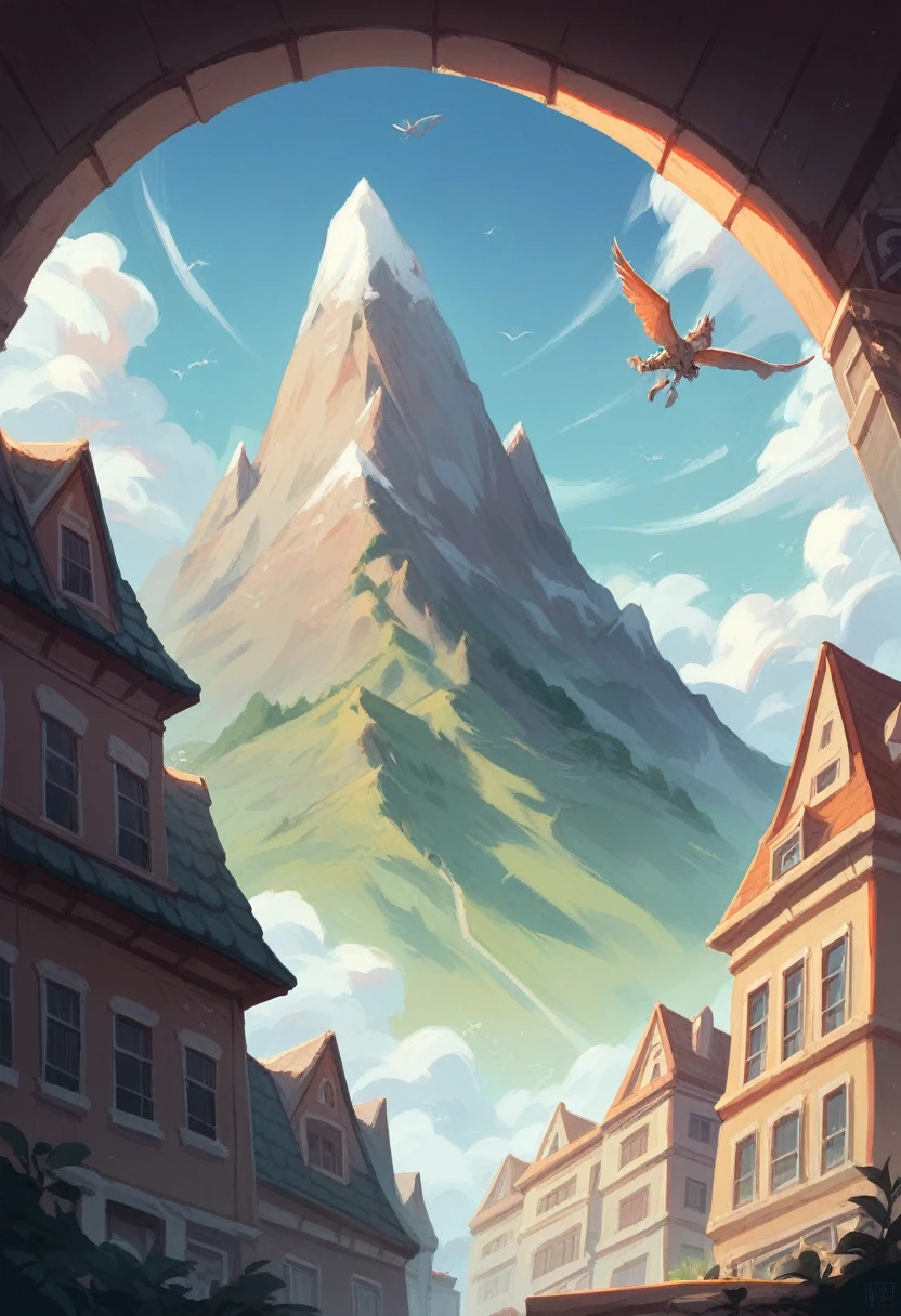 Triptych, a city on a mountain, a city below, the cities are feuding, hypogryphs are flying around the mountain, the area is very green, and there is a girl sitting on the edge of the mountain