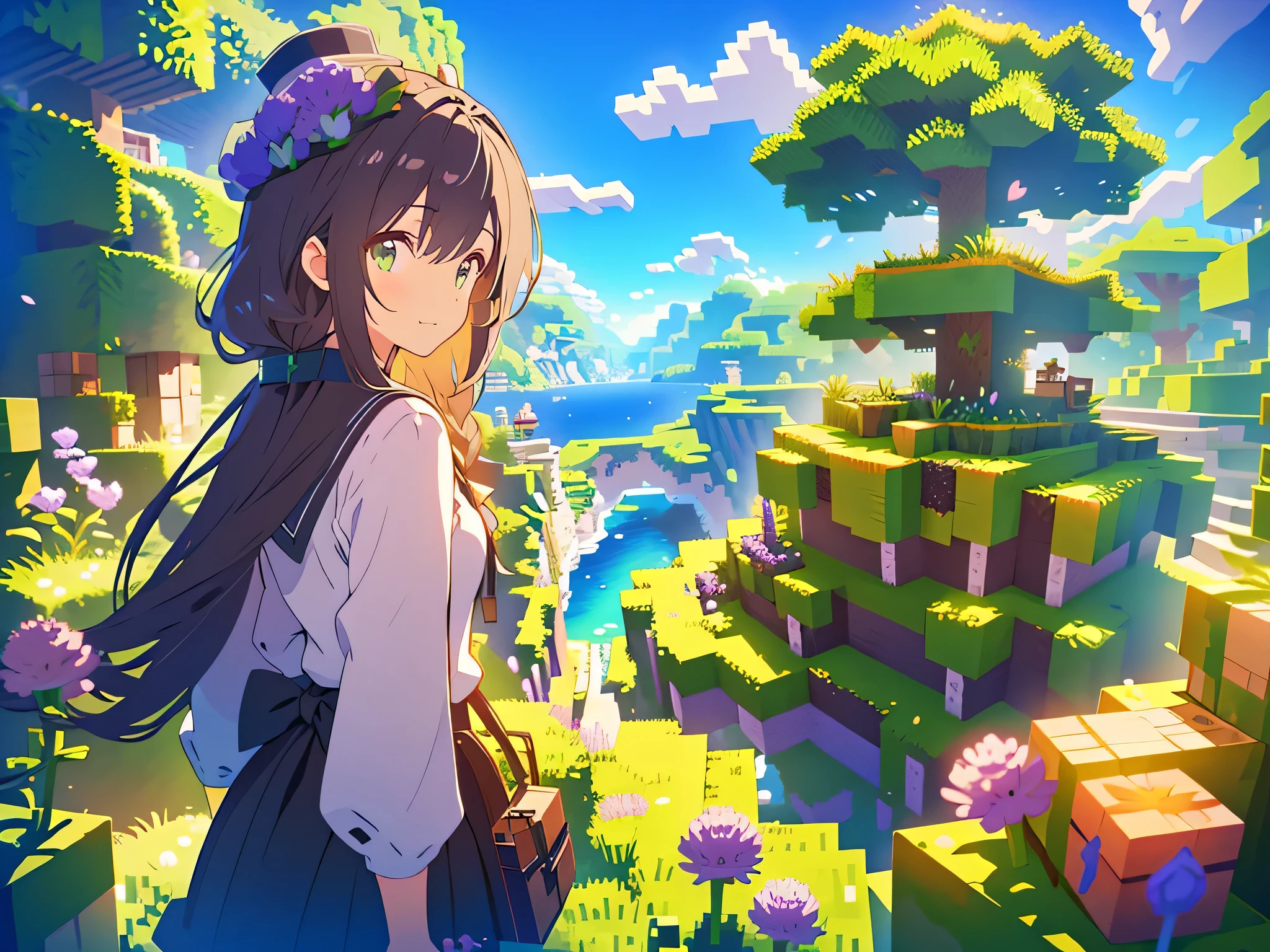 kawaii, anime, Cute, hyper quality, highly detailed, 8k, Clarity, Girl with long dark brown hair and green eyes, Detailed facial expressions, brave look, smile, allium, allium flower garden, minecraft world, minecraft, A world made up of blocks, Clearly depict facial expressions, adventurer's clothes, blue sky, sandbox, Blocky nature background, allium flowers bloom, whole body, highlight on eyes, blocky cloud, pull composition, look back, walking pose, adventure, Journey, Inciting point of view, step on a block-shaped rock, block-shaped tree, minecraft world, minecraft field, block grassland, explorer's hat,