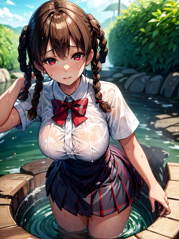 (masterpiece, best quality:1.2), in the bath , wet clothes, soaked, wet hair, wet skin, translucent, glistening with oil , dishevelled , solo, 1girl, school girl uniform , steam , plaid skirt , pleated skirt , The shirt is tight. , white shirt , school girl , red bow , red knot , red eyes, intricate, highres, 8k, detailed hair , wet and sweaty , wet white shirt , clothes were so wet that her breasts could be seen tits  , Soak in water , ((ultra detailed, masterpiece, absurdres)) DOALeiFang, 1girl, brown hair, brown eyes, twin braids, hair rings