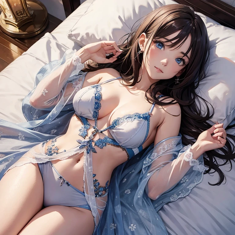 (Best Quality,High resolution,8K,finelity detailed background,Masterpiece:1.2),beautiful girl,Shiny brown hair,messy hair,Brown eyes,Gentle look,A refreshing look,Best quality,Best Quality,Aesthetic and aesthetic:1.2,Best details((Super detailed))(High-definition CG illustrations),cute下着 (white,intricate lace),Slender body,Late Night,Moonlit Night,Bedroom,On the bed,smile,blush,cute,Scrounge,Looking up,Being spoiled,super model,on back,shoot from above