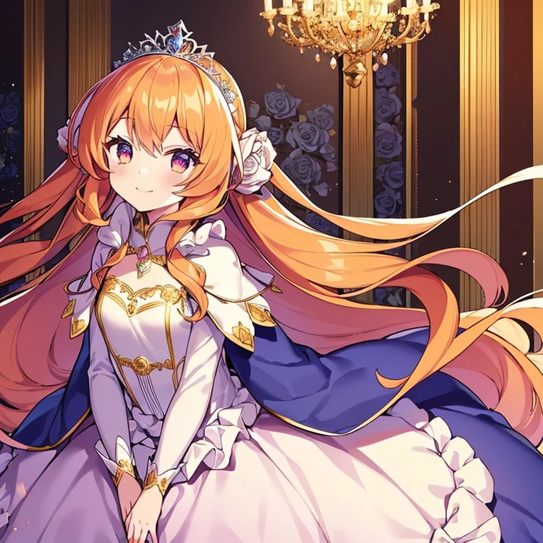 best quality,(long train cape:1.15),(long train ball gown with floral decoration:1.15), a girl is wearing a cape over her dress, anime style, rococo style, little princess, tiara, kind smile, very long hair, small breast, perfect fingers, masterpiece