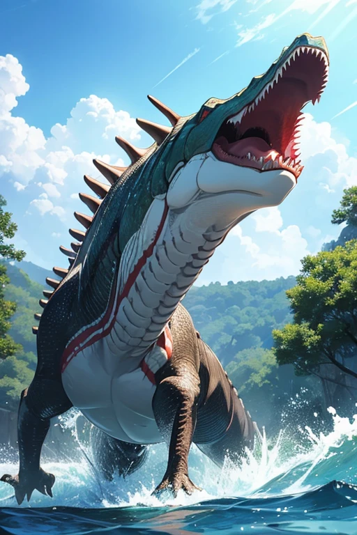 Spinosaurus swimming in the water。