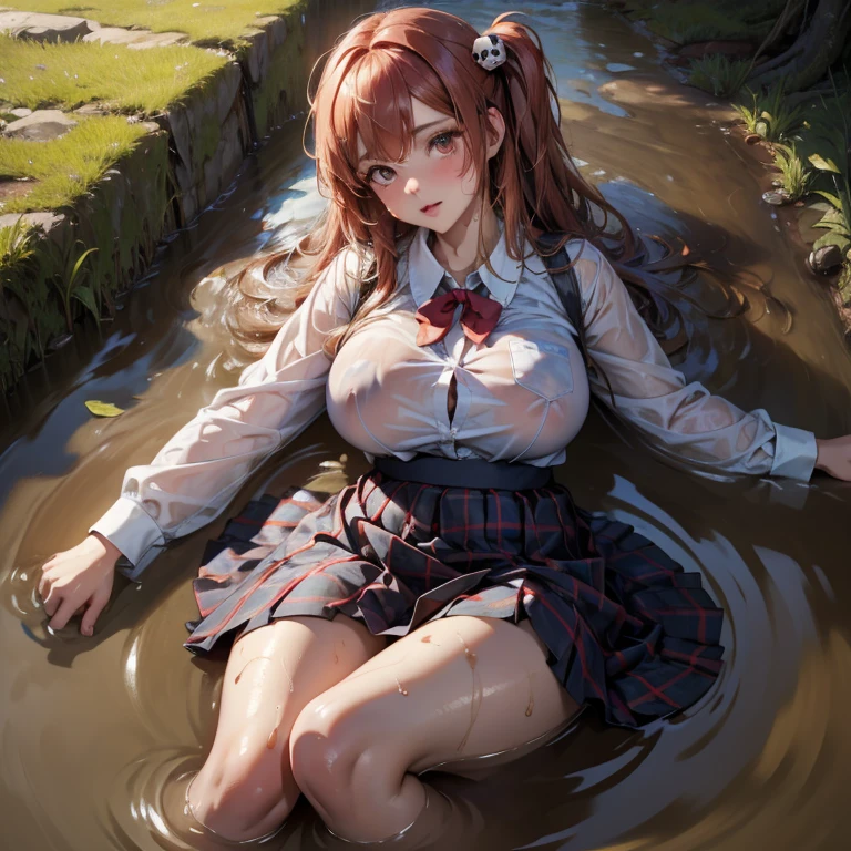 (Masterpiece, best quality:1.2), , look at viewer , school girl wet white clothes, Soaking wet, dripping wet, Wet hair, Wet skin, translucent, Glittering with oil, fully dressed, Wet muddy field, dripping with mud, Arms full of mud, mud hair, lying in the mud, submerged, Covered all over, A face full of mud , dark red skirt , plaid skirt , pleated skirt , The shirt is tight. , white shirt , school girl , red knot , red bow , school , The skirt is next to the chest. , big breasts , big tits , honoka dead or alive , skull hair ornament