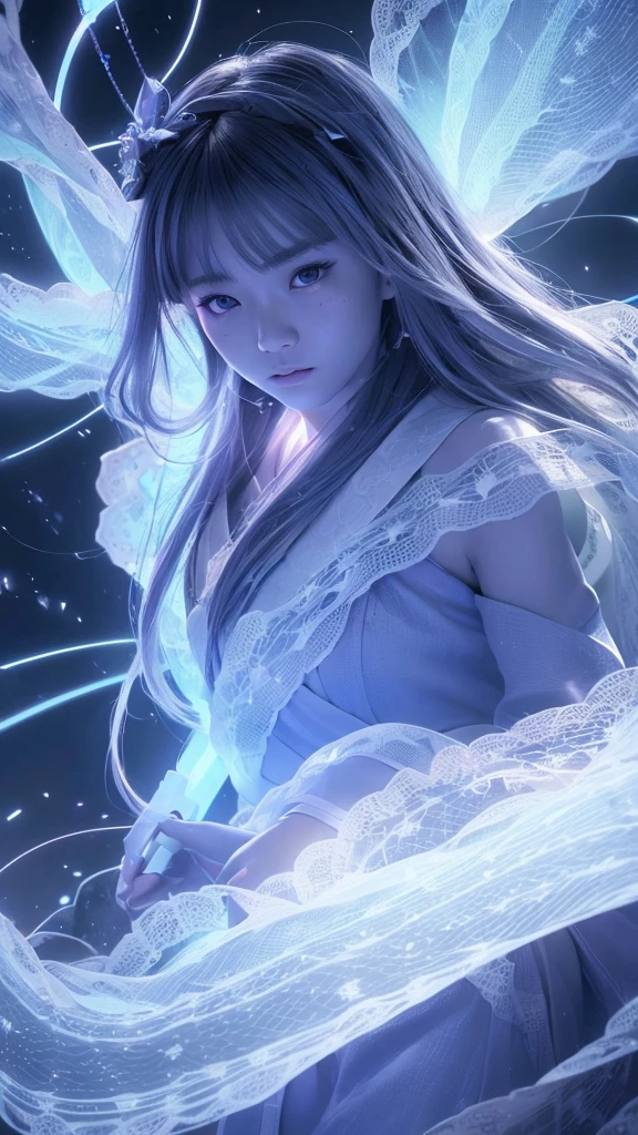 (((8k))), (((High resolution))),((Highest quality)),Beautiful Shrine Maiden,shrine,Upper body only,Close-up of face,beam from right hand,battle mode, blue aura swirling around the body,fog,mystic atmosphere,Serious face,Ultra-realistic,8k,Ultra-fine,Super detailed