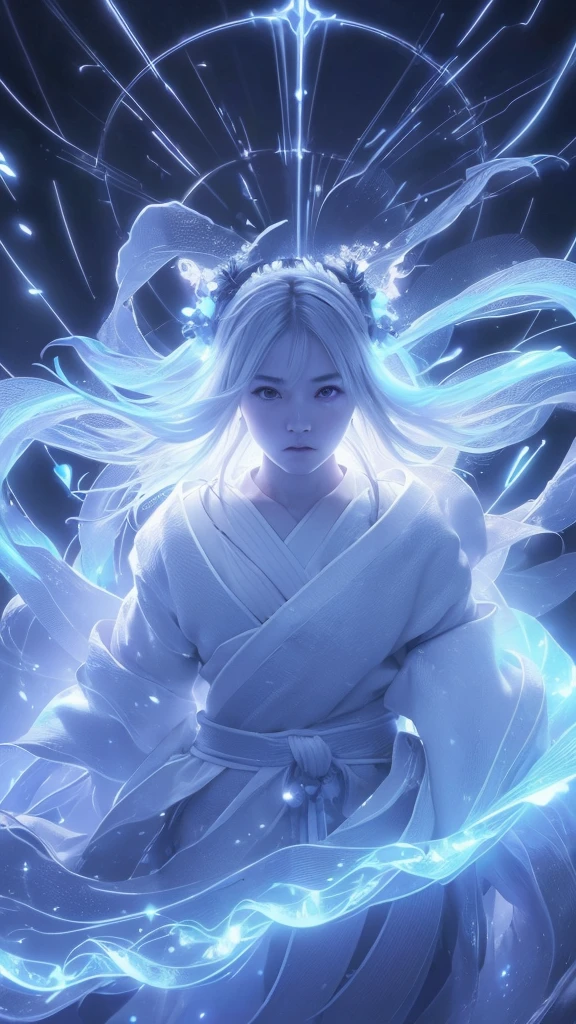 (((8k))), (((High resolution))),((Highest quality)),Beautiful Shrine Maiden,shrine,Upper body only,Close-up of face,beam from right hand,battle mode, blue aura swirling around the body,fog,mystic atmosphere,Serious face,Ultra-realistic,8k,Ultra-fine,Super detailed