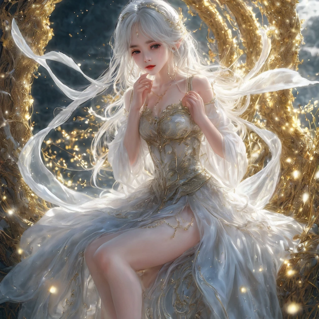 8 year old medieval girl, １people々、In underwear、Gold and silver thread embroidery、Translucent underwear that reaches below the knee（Bloomers）wear、wear a semi-transparent corset、Translucent slip、mysterious、Full of light、Circle of Light