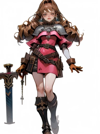 Imagine a full body masterpiece, Perfectly detailed with 4K full HD quality in an anime style, inspired by genshin impact. Imagine a girl with a curvy body, medium breasts, hip_bones, perfect hands, perfect legs, Long hair, Brown hair, drill hair style, almond eyes, aquamarine eyes, flirtatious look, smile, smile tierna, boca, full lips, carmine lips. Wear a beautiful pompous mini dress in pink, high heel boots, leather gloves, leather armor, heart breastplate, wide leather belt, leather man. is standing, with his legs apart, loose arms, lies on a white background.